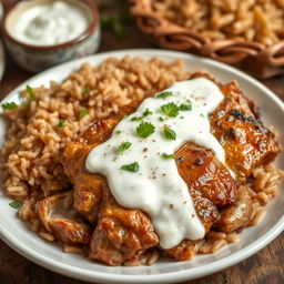A mouthwatering dish featuring tender, juicy cooked meat served with a creamy yogurt sauce, accompanied by fluffy brown rice