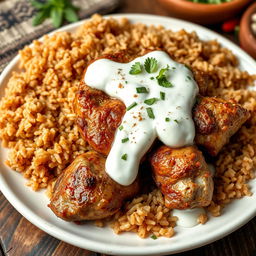 A mouthwatering dish featuring tender, juicy cooked meat served with a creamy yogurt sauce, accompanied by fluffy brown rice