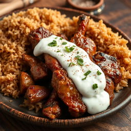 A mouthwatering dish featuring tender, juicy cooked meat served with a creamy yogurt sauce, accompanied by fluffy brown rice