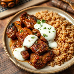 A mouthwatering dish featuring tender, juicy cooked meat served with a creamy yogurt sauce, accompanied by fluffy brown rice