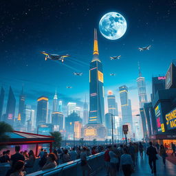 A mesmerizing cityscape at night, showcasing a futuristic skyline with glowing neon lights, towering skyscrapers with unique architecture, and bustling streets filled with people