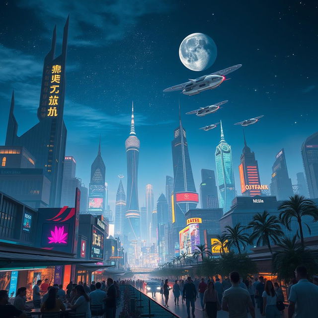 A mesmerizing cityscape at night, showcasing a futuristic skyline with glowing neon lights, towering skyscrapers with unique architecture, and bustling streets filled with people