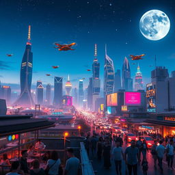 A mesmerizing cityscape at night, showcasing a futuristic skyline with glowing neon lights, towering skyscrapers with unique architecture, and bustling streets filled with people