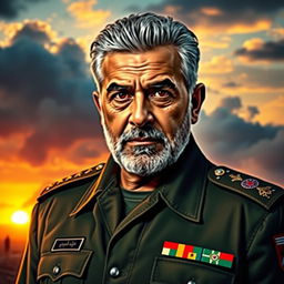 A portrait of Qasem Soleimani, featuring a charismatic and authoritative expression