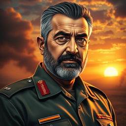 A portrait of Qasem Soleimani, featuring a charismatic and authoritative expression