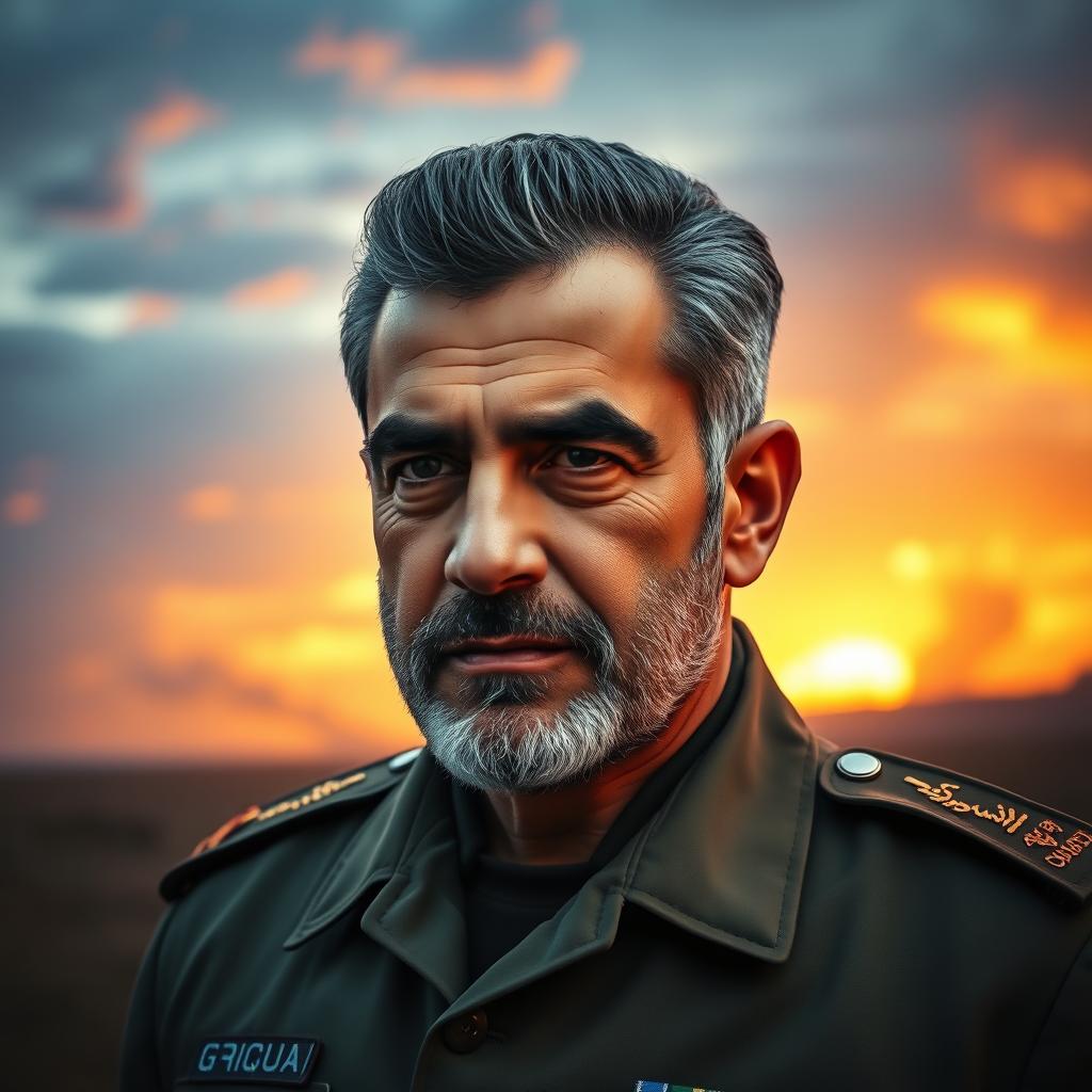 A portrait of Qasem Soleimani, featuring a charismatic and authoritative expression