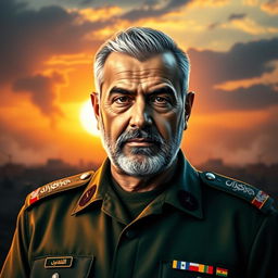 A portrait of Qasem Soleimani, featuring a charismatic and authoritative expression