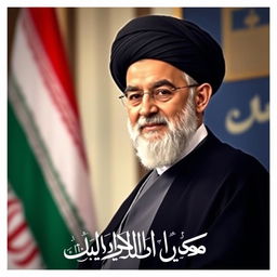 A portrait of Ayatollah Ali Khamenei, the Supreme Leader of Iran, showcasing him in an official setting