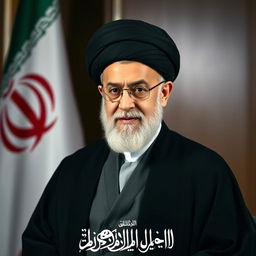 A portrait of Ayatollah Ali Khamenei, the Supreme Leader of Iran, showcasing him in an official setting