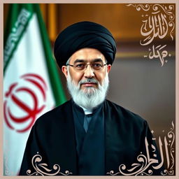 A portrait of Ayatollah Ali Khamenei, the Supreme Leader of Iran, showcasing him in an official setting