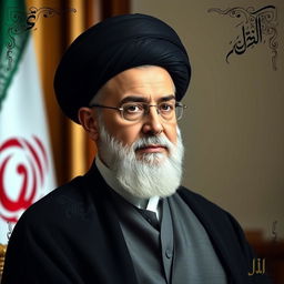 A portrait of Ayatollah Ali Khamenei, the Supreme Leader of Iran, showcasing him in an official setting