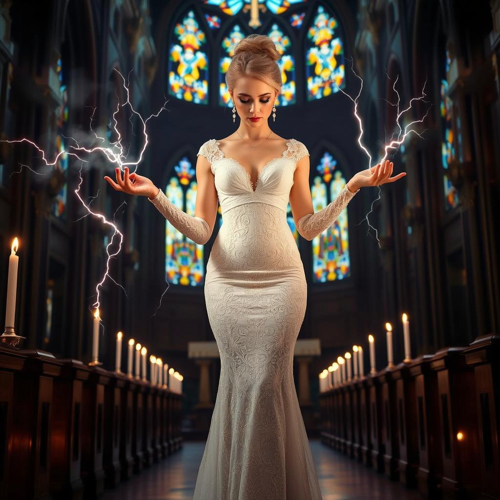 A full length photograph featuring a stunning young woman in a tight, elegant white wedding dress, standing in the center of a beautifully lit church