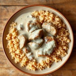 A beautifully plated dish featuring cooked meat simmered in creamy milk, served alongside perfectly cooked brown rice