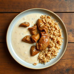 A beautifully plated dish featuring cooked meat simmered in creamy milk, served alongside perfectly cooked brown rice