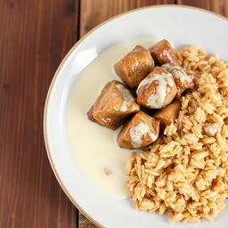 A beautifully plated dish featuring cooked meat simmered in creamy milk, served alongside perfectly cooked brown rice