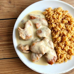 A beautifully plated dish featuring cooked meat simmered in creamy milk, served alongside perfectly cooked brown rice