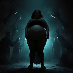 A dark fantasy scene depicting a large, curvy woman in a dramatic and surreal environment, where she is surrounded by shadowy figures that create an atmosphere of tension and suspense