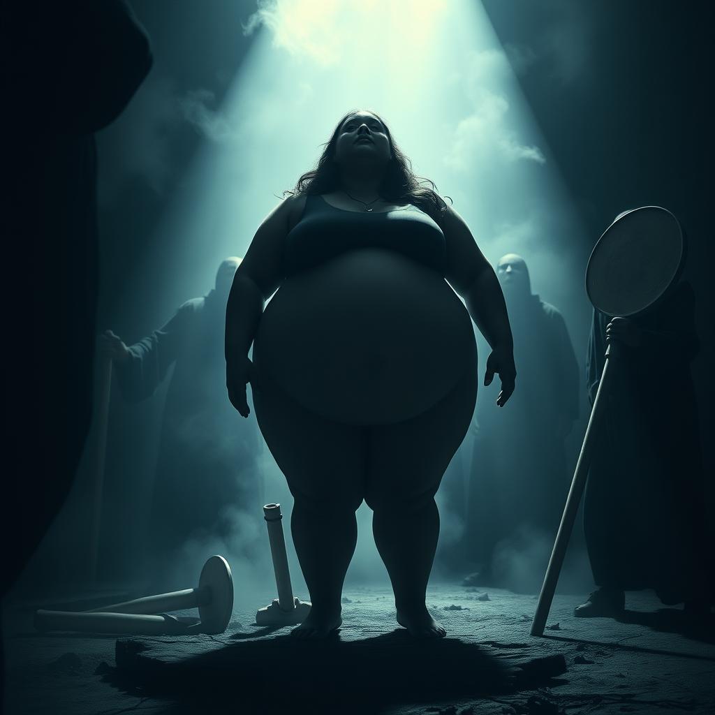 A dark fantasy scene depicting a large, curvy woman in a dramatic and surreal environment, where she is surrounded by shadowy figures that create an atmosphere of tension and suspense