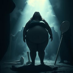 A dark fantasy scene depicting a large, curvy woman in a dramatic and surreal environment, where she is surrounded by shadowy figures that create an atmosphere of tension and suspense