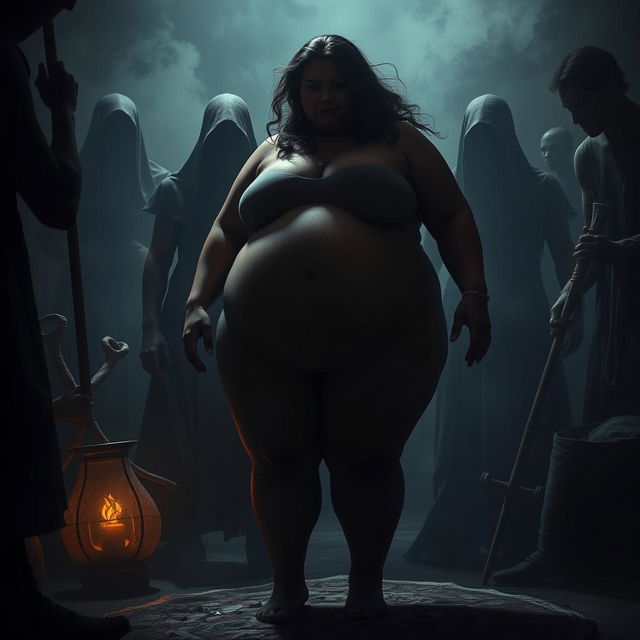 A dark fantasy scene depicting a large, curvy woman in a dramatic and surreal environment, where she is surrounded by shadowy figures that create an atmosphere of tension and suspense