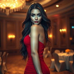 A captivatingly beautiful woman with long flowing hair, wearing an elegant form-fitting red dress that accentuates her curves