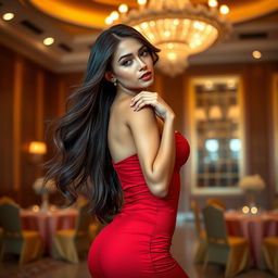 A captivatingly beautiful woman with long flowing hair, wearing an elegant form-fitting red dress that accentuates her curves