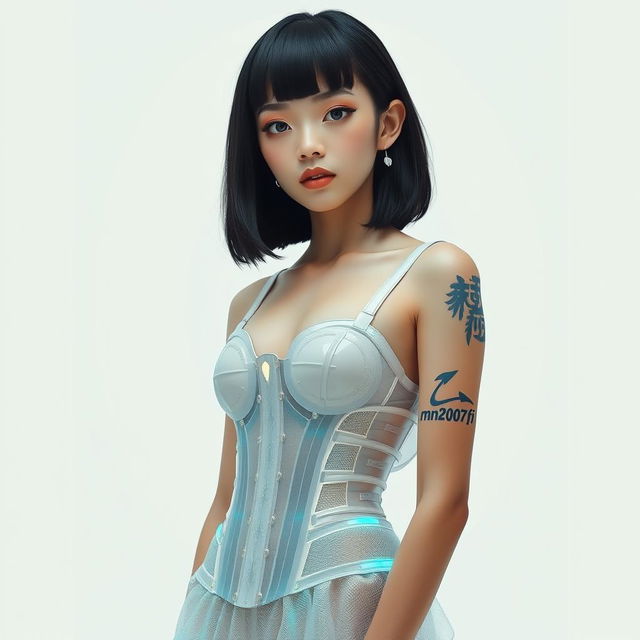 A full-length portrait of a futuristic girl with an exquisitely beautiful face adorned with makeup, featuring short black bangs