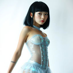 A full-length portrait of a futuristic girl with an exquisitely beautiful face adorned with makeup, featuring short black bangs
