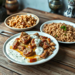 A beautifully presented dish featuring cooked meat simmered in a creamy yogurt sauce, placed elegantly on a rustic wooden table