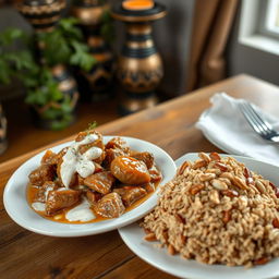 A beautifully presented dish featuring cooked meat simmered in a creamy yogurt sauce, placed elegantly on a rustic wooden table