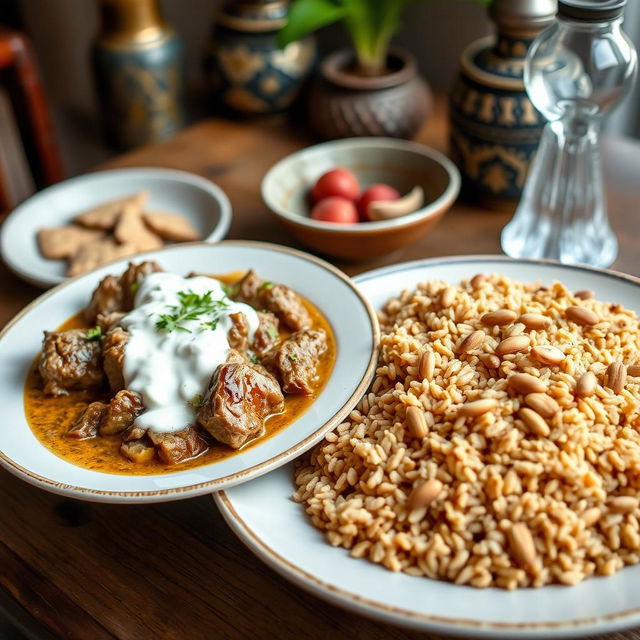 A beautifully presented dish featuring cooked meat simmered in a creamy yogurt sauce, placed elegantly on a rustic wooden table