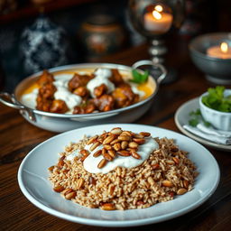 A beautifully presented dish featuring cooked meat simmered in a creamy yogurt sauce, placed elegantly on a rustic wooden table