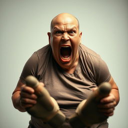 A dramatic and intense scene featuring a 50-year-old woman who is very overweight and bald, exhibiting an expression of extreme emotion