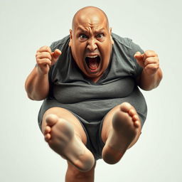 A dramatic and intense scene featuring a 50-year-old woman who is very overweight and bald, exhibiting an expression of extreme emotion