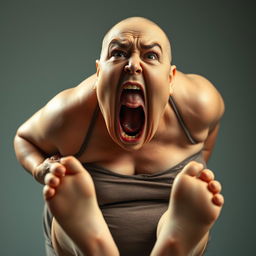 A dramatic and intense scene featuring a 50-year-old woman who is very overweight and bald, exhibiting an expression of extreme emotion