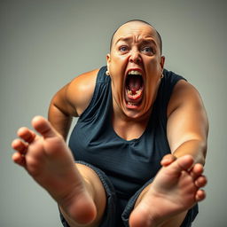 A dramatic and intense scene featuring a 50-year-old woman who is very overweight and bald, exhibiting an expression of extreme emotion