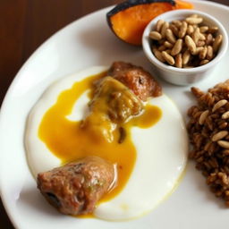 A beautifully arranged plate featuring cooked meat submerged in creamy yogurt, showcasing a rich and appetizing dish