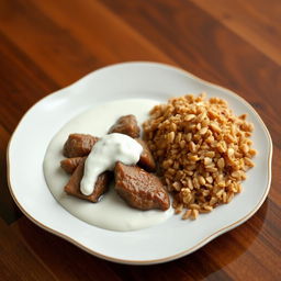 A beautifully arranged plate featuring cooked meat submerged in creamy yogurt, showcasing a rich and appetizing dish