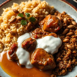 A beautifully plated dish of cooked meat immersed in creamy cooked yogurt, next to a serving of brown rice garnished with roasted pine nuts