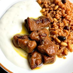 A beautifully plated dish of cooked meat immersed in creamy cooked yogurt, next to a serving of brown rice garnished with roasted pine nuts