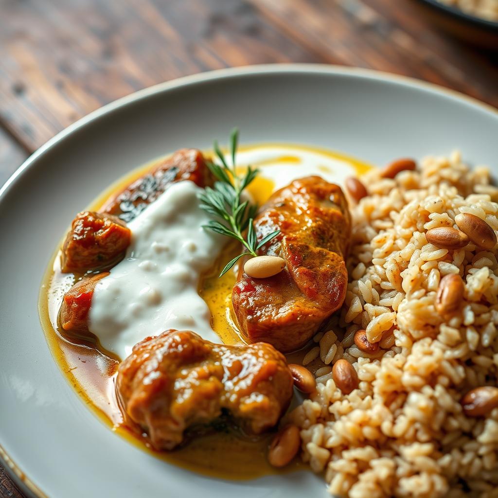 A beautifully plated dish of cooked meat immersed in creamy cooked yogurt, next to a serving of brown rice garnished with roasted pine nuts