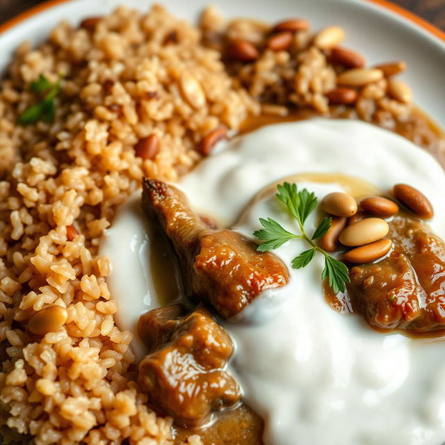 A beautifully plated dish of cooked meat immersed in creamy cooked yogurt, next to a serving of brown rice garnished with roasted pine nuts