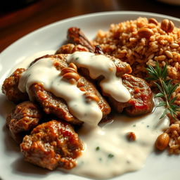 A beautifully arranged serving of cooked meat immersed in creamy cooked yogurt, showcasing rich textures, paired with a plate of brown rice adorned with crispy pine nuts