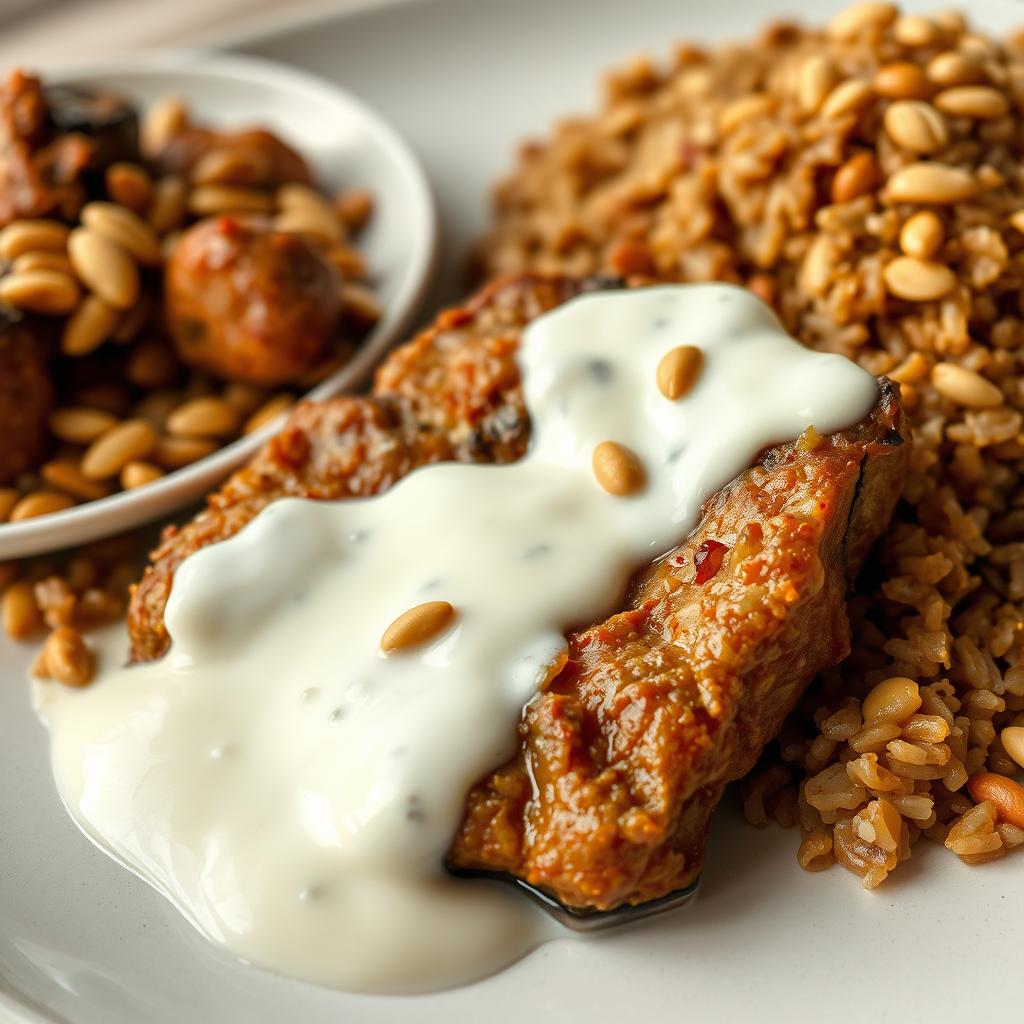 A beautifully arranged serving of cooked meat immersed in creamy cooked yogurt, showcasing rich textures, paired with a plate of brown rice adorned with crispy pine nuts