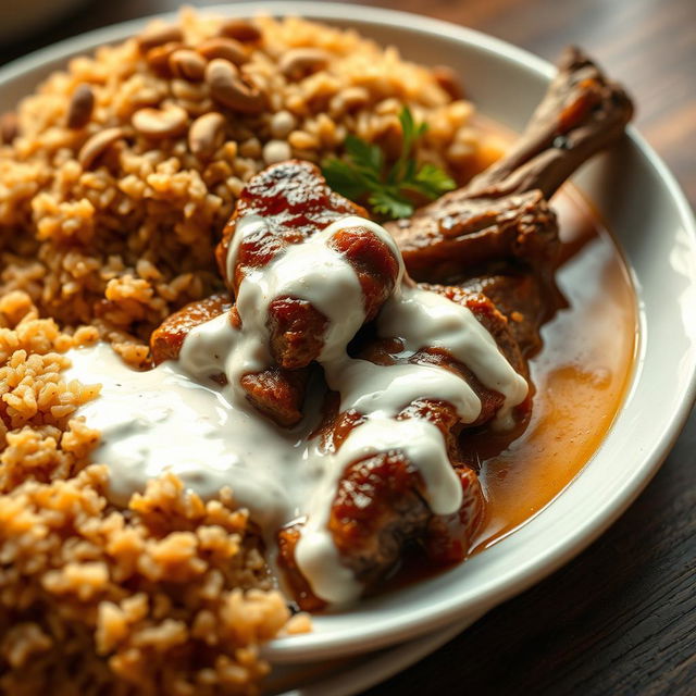 A beautifully arranged serving of cooked meat immersed in creamy cooked yogurt, showcasing rich textures, paired with a plate of brown rice adorned with crispy pine nuts