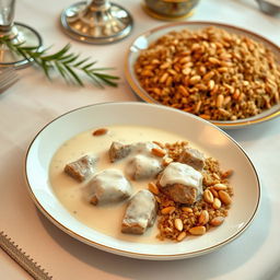 A luxurious presentation of a plate featuring cooked meat simmered in creamy milk, accompanied by a separate plate filled with brown rice embellished with toasted pine nuts