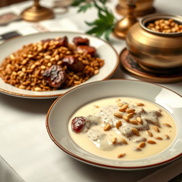 A luxurious presentation of a plate featuring cooked meat simmered in creamy milk, accompanied by a separate plate filled with brown rice embellished with toasted pine nuts