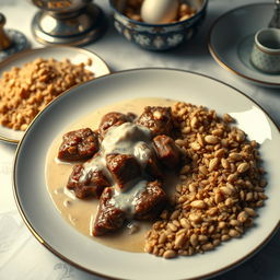 A luxurious presentation of a plate featuring cooked meat simmered in creamy milk, accompanied by a separate plate filled with brown rice embellished with toasted pine nuts