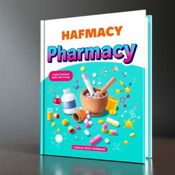 An animated book cover for a Pharmacy textbook, featuring a vibrant and visually engaging design