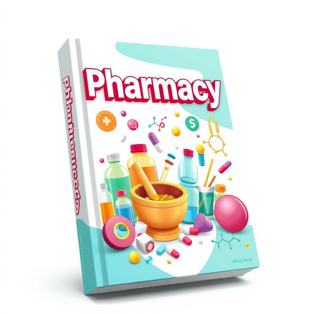 An animated book cover for a Pharmacy textbook, featuring a vibrant and visually engaging design